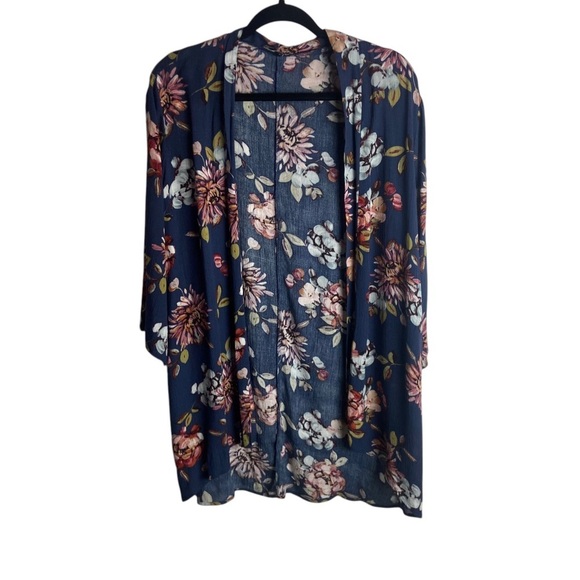 Pink Clover Size Small Maples Open Front Floral Kimono Cardigan Navy Blue Swim - Picture 2 of 8